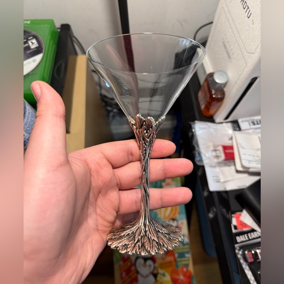 Grey Goose Vodka 1 Martini Glasses Pewter Stems Twisted Leaf Feather 6.5" - Nice - Picture 2 of 6